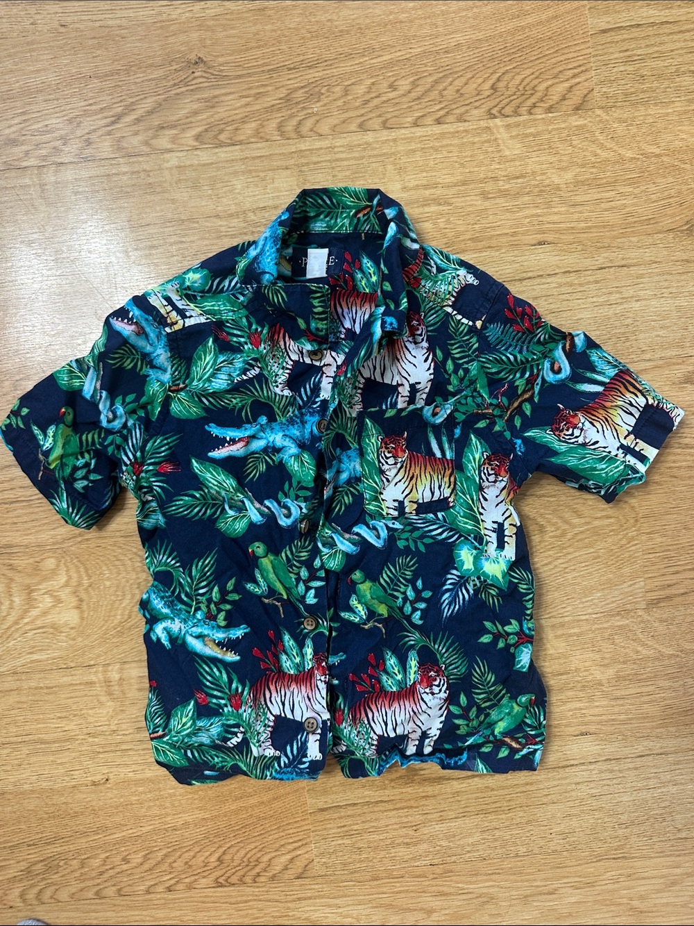 Place Navy Tropical Tiger Print Short Sleeve Button-Up Shirt